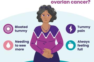 Target Ovarian Cancer.  Do you know the symptoms of ovarian cancer?  Bloated tummy, tummy pain, needing to wee more, always feeling full.  Early diagnosis saves lives